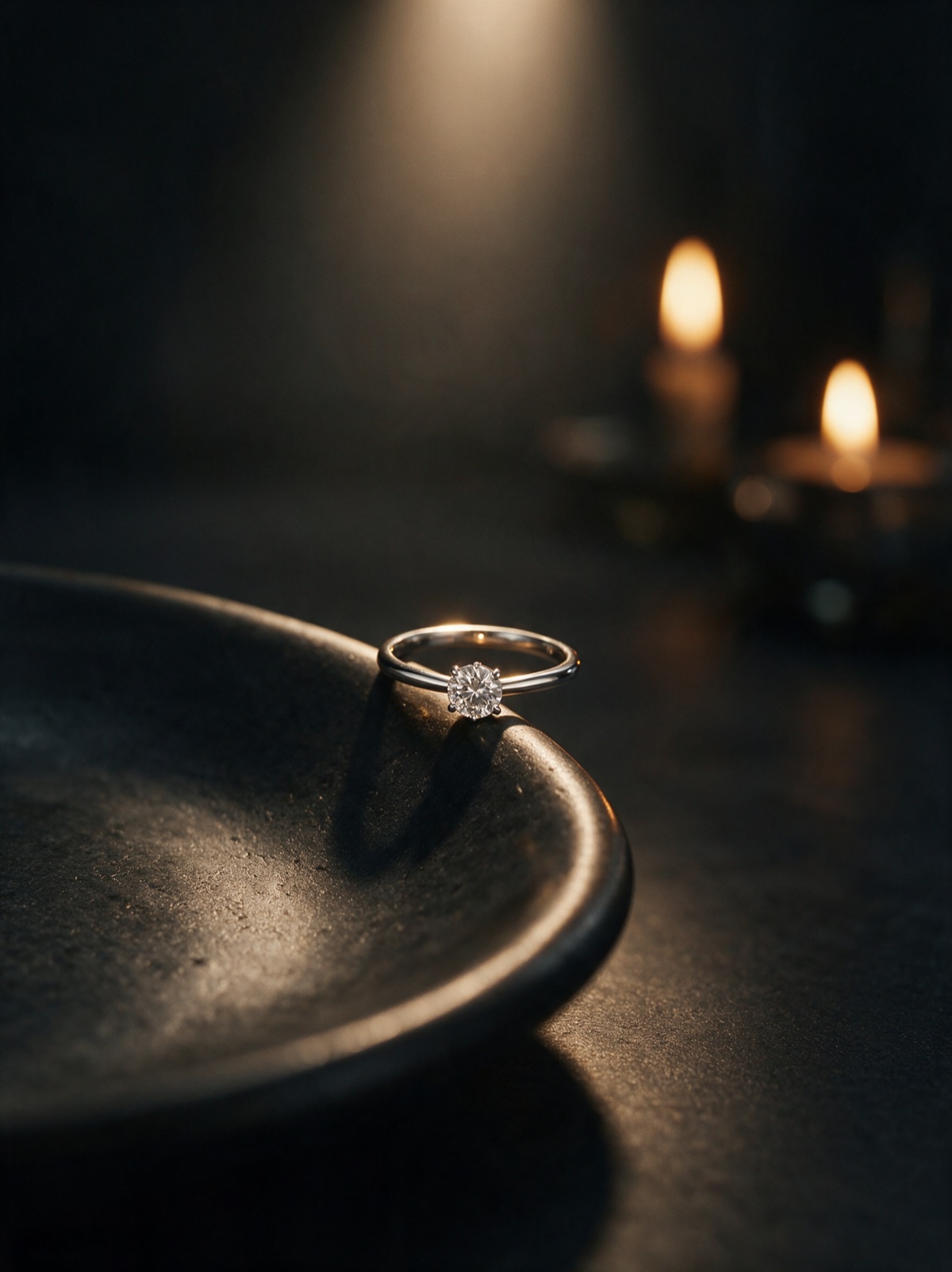 An engagement ring on the rim of a dark plate under a warm spotlight