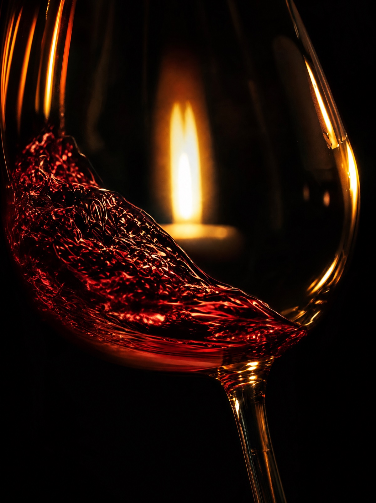 A glass of red wine with a reflected candle flame